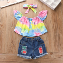 Kids Girl Tie Dye Top+Jeans Shorts+Headband 3 Piece Sets YKTZ-1128