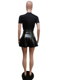 Sexy Printed T Shirt+PU Leather Pleated Mini Skirt 2 Piece Sets MEM-88417