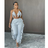 Solid Sexy Tassel Bra Top And Pants 2 Piece Sets GCNF-0134