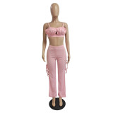 Solid Sexy Pleated Top+Split Pants 2 Piece Sets GCNF-0150