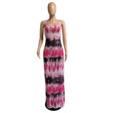 Sexy Mesh Printed Backless Cross Strap Maxi Dress GCNF-0143
