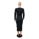 Solid Long Sleeve U-Neck Slim Midi Dress GCNF-0155