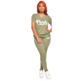 Pink Letter Print V Neck T Shirt And Pants 2 Piece Sets GCNF-0158