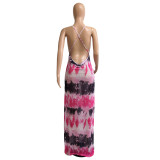 Sexy Mesh Printed Backless Cross Strap Maxi Dress GCNF-0143