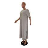 Solid Short Sleeve Split Loose Long Dress GCNF-0109