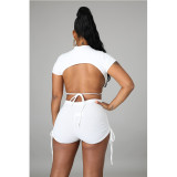 Solid Backless Crop Top And Shorts Two Piece Sets GCNF-0117