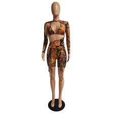 Sexy Printed Hollow Long Sleeve Top+Bra+Bandage Shorts 3 Piece Sets GCNF-0127