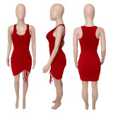 Plus Size Solid Drawstring Sleeveless Mini Dress HEJ-8030