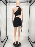 Black Sexy Hollow Out Drawstring Mini Club Dress NLAF-60106