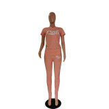 Pink Letter Print V Neck T Shirt And Pants 2 Piece Sets GCNF-0158