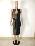 Sexy Patchwork Sleeveless Zipper Midi Dress (With Belt)YNSF-1695