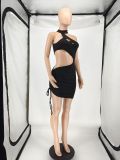 Black Sexy Hollow Out Drawstring Mini Club Dress NLAF-60106