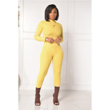 Solid Ribbed Long Sleeve Slim Two Piece Pants Set GCNF-0085