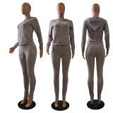 Solid Hooded Zipper Two Piece Pants Set GCNF-0049