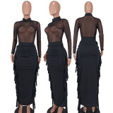 Sexy Mesh Top+Tassel Long Skirt Two Piece Sets (Without Bra) YD-8540