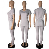 Solid V Neck T Shirt And Pants Two Piece Suits GCNF-0041