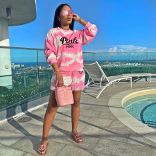 Pink Letter Tie Dye Print Long Sleeve 2 Piece Shorts Set YIM-246