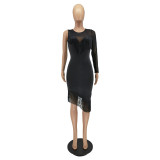Black Sexy Tassel Single Sleeve Bodycon Dress WSM-5299