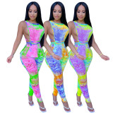 Plus Size Tie Dye Sleeveless Top+Pants Two Piece Sets GCNF-0044
