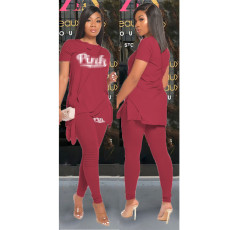 PINK Letter Print Tie Up Short Sleeve And Pants 2 Piece Sets GDYF-6679