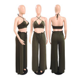 Solid Color Fashion Halter Neck Top Wide-leg Pants 2 Piece Sets GDYF-6966