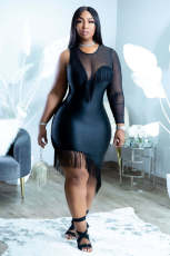 Plus Size Sexy Slim Fit Mesh See-Through Splice Fringe Dress GDYF-6934
