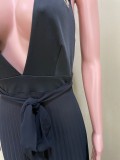 Chiffon Black Halter Backless Pleated Maxi Dress OLYF-96091