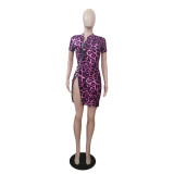 Fashion Sexy Double Zipper Short Sleeve Leopard Print Dress GDYF-6990