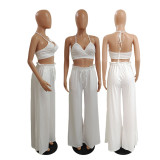 Solid Color Fashion Halter Neck Top Wide-leg Pants 2 Piece Sets GDYF-6966