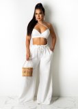 Solid Color Fashion Halter Neck Top Wide-leg Pants 2 Piece Sets GDYF-6966