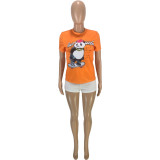 Cartoon Print O Neck Short Sleeve T Shirt (Only Top)MEI-9232