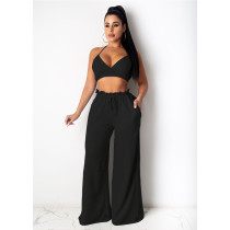 Solid Color Fashion Halter Neck Top Wide-leg Pants 2 Piece Sets GDYF-6966