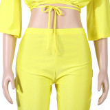 Yellow V Neck Crop Top And Pants 2 Piece Sets NY-2336