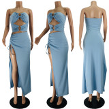 Sexy Strapless Hollow Out Drawstring Maxi Dress JZHF-8101