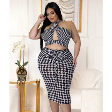 Plus Size Houndstooth Print Halter Backless Midi Dress ASL-7075