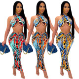 Sexy Print Halterneck Crop Top And Skirt Two Piece Sets GDYF-6666