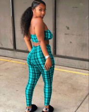 Sexy Plaid Tube Top And Pants 2 Piece Sets QCYF-761