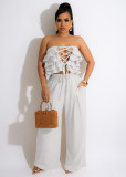 Sexy Ruffled Tube Top Wide Leg Pants 2 Piece Sets JRF-3675