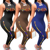 QUEEN Letter Print Sleeveless Jumpsuit NYMF-259
