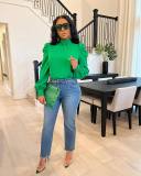 Green Stand Collar Puff Sleeve Bow Tie Top BGN-231