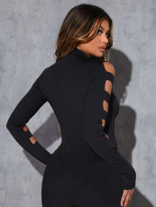 Black Hollow Out Long Sleeve Romper BNNF-09687
