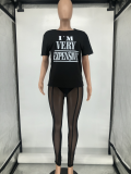 Sexy Letter Print T Shirt+Mesh Pants 2 Piece Sets WAF-425165
