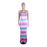 Gradient Striped Straps Backless Maxi Dress YM-9290