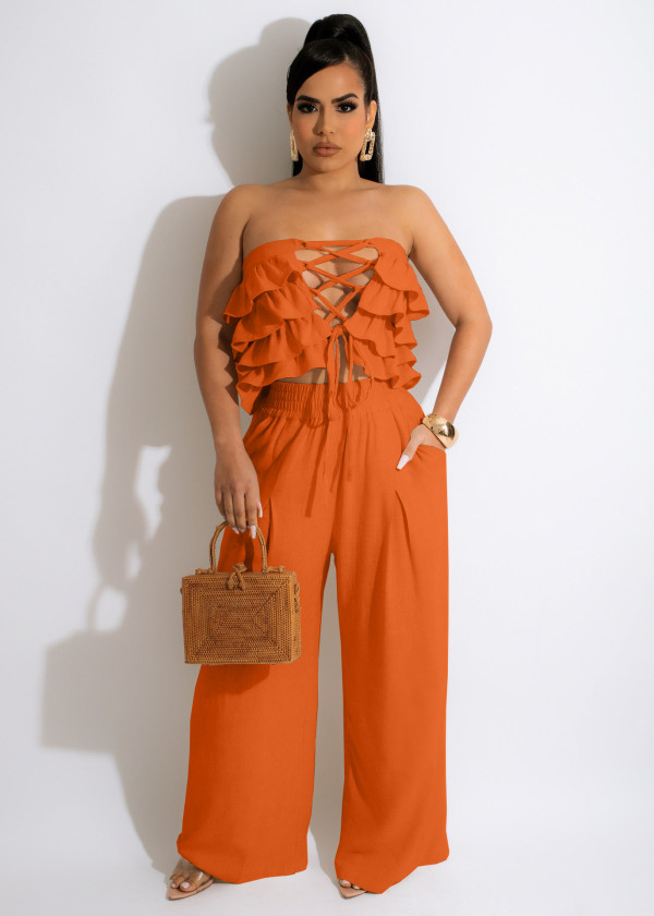 Sexy Ruffled Tube Top Wide Leg Pants 2 Piece Sets JRF-3675