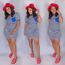 Plus Size Striped Short Sleeve Pocket Mini Dress SH-390276