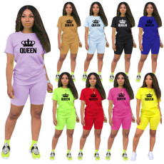 QUEEN Letter Print T Shirt And Shorts 2 Piece Sets TE-2034