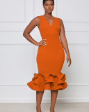 Solid Sleeveless V Neck Petal Hem Midi Evening Dress RUF-2219