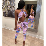 Sexy Print Halter Cropped Top And Pants Two Piece Set XHAF-10015