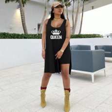 Queen Letter Print Split Tank Top And Shorts 2 Piece Sets TE-2035