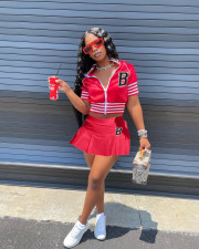 Plus Size Baseball Jacket+Pleated Mini Skirt 2 Piece Sets HM-6608